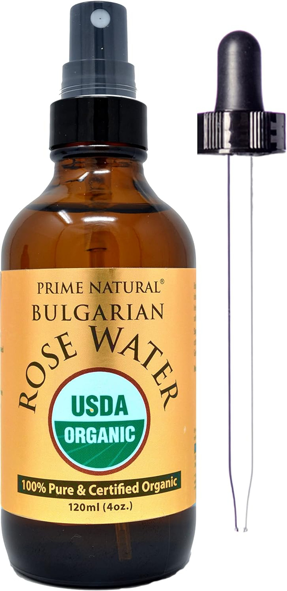 Prime Natural Rose Water Spray 4Oz/120Ml, Usda Certified Organic, Facial Toner, Hydrating Mist For Face & Hair - Bulgarian, 100% Pure, Natural, Preservative-Free, Moisturizer From Fresh Rose Petals