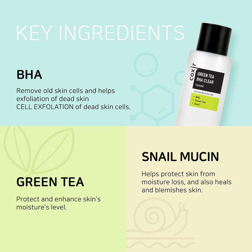 Coxir Greentea Bha Clear Toner |Hydrates, Purifying And Mild Exfoliating Facial Toner| Korean Skin Care, Cruelty Free, Paraben Free [150Ml/5.07 Fl.Oz]
