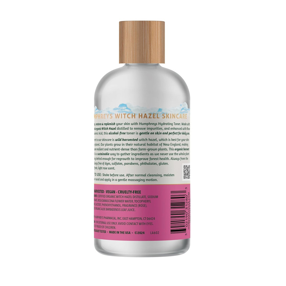 Humphreys Witch Hazel Hydrating Toner | Wild Harvested Witch Hazel & Rose | Natural, Alcohol-Free Formula | Balancing & Hydrating | Clears Pores | 8 Fl Oz