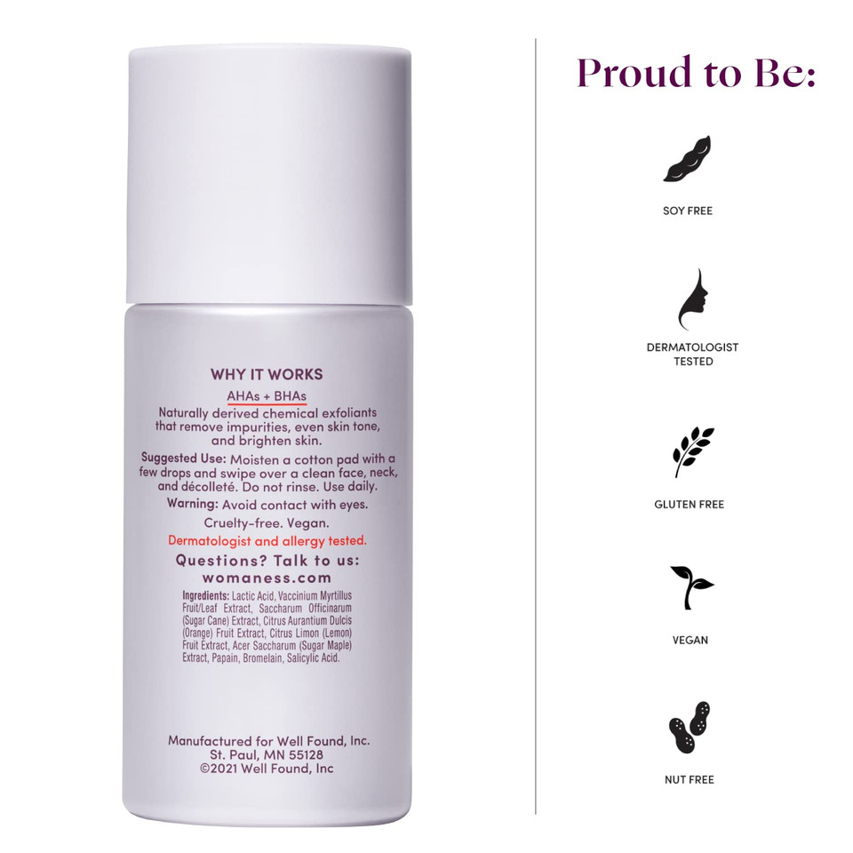 Womaness Brighten Up Face Exfoliating Toner & Dark Spot Treatment - Aha Bha Hydrating, Gentle Pore Cleaner + Liquid Exfoliant For Dull, Dry Skin - Brightening Pha For Women (3.4Oz)