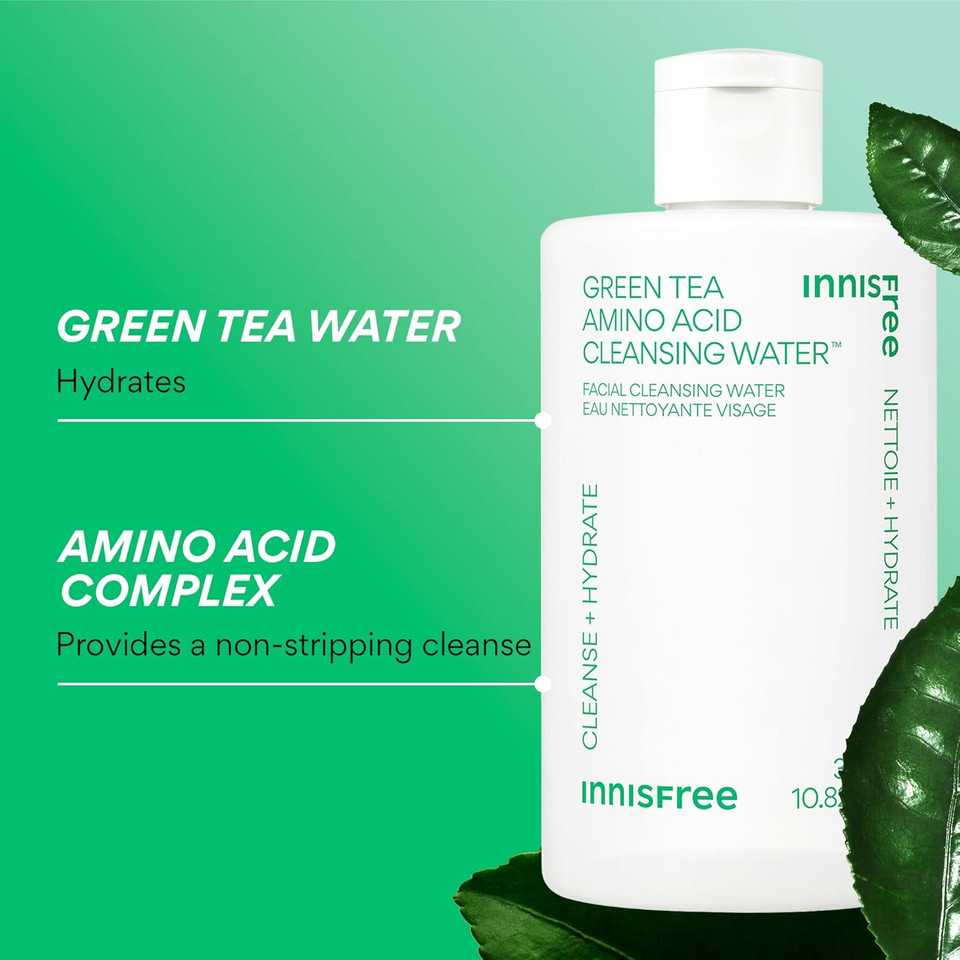 Innisfree Green Tea Amino Acid Cleansing Water, Hydrating Micellar Makeup Remover, Korean Skincare, Dermatologist Tested