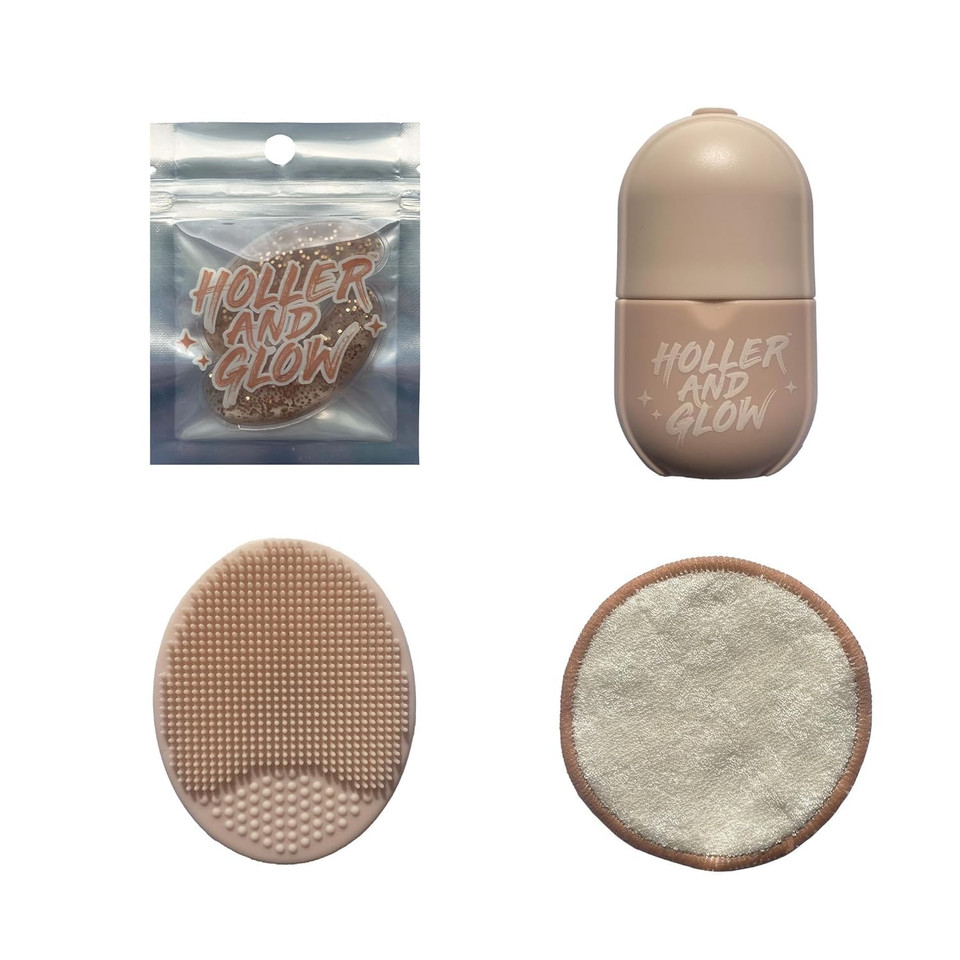 Holler & Glow Skin Basics Skincare Accessories, Limited Edition, Cooling Under Eye Masks, Puffiness Reducing Cryo Ice Roller, Reusable Makeup Remover Pad, Exfoliating Face Scrubber, 4 Piece Gift Set