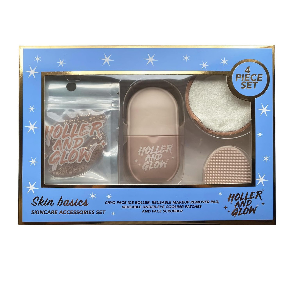 Holler & Glow Skin Basics Skincare Accessories, Limited Edition, Cooling Under Eye Masks, Puffiness Reducing Cryo Ice Roller, Reusable Makeup Remover Pad, Exfoliating Face Scrubber, 4 Piece Gift Set