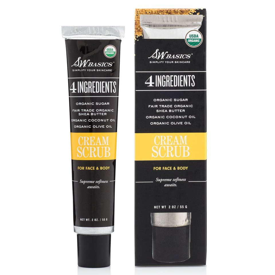 S.W. Basics Cream Scrub Exfoliator For Face And Body, Hydrates And Smooths With Sugar, Shea Butter, Coconut, And Olive Oils, Organic And Cruelty Free, 2.0 Oz