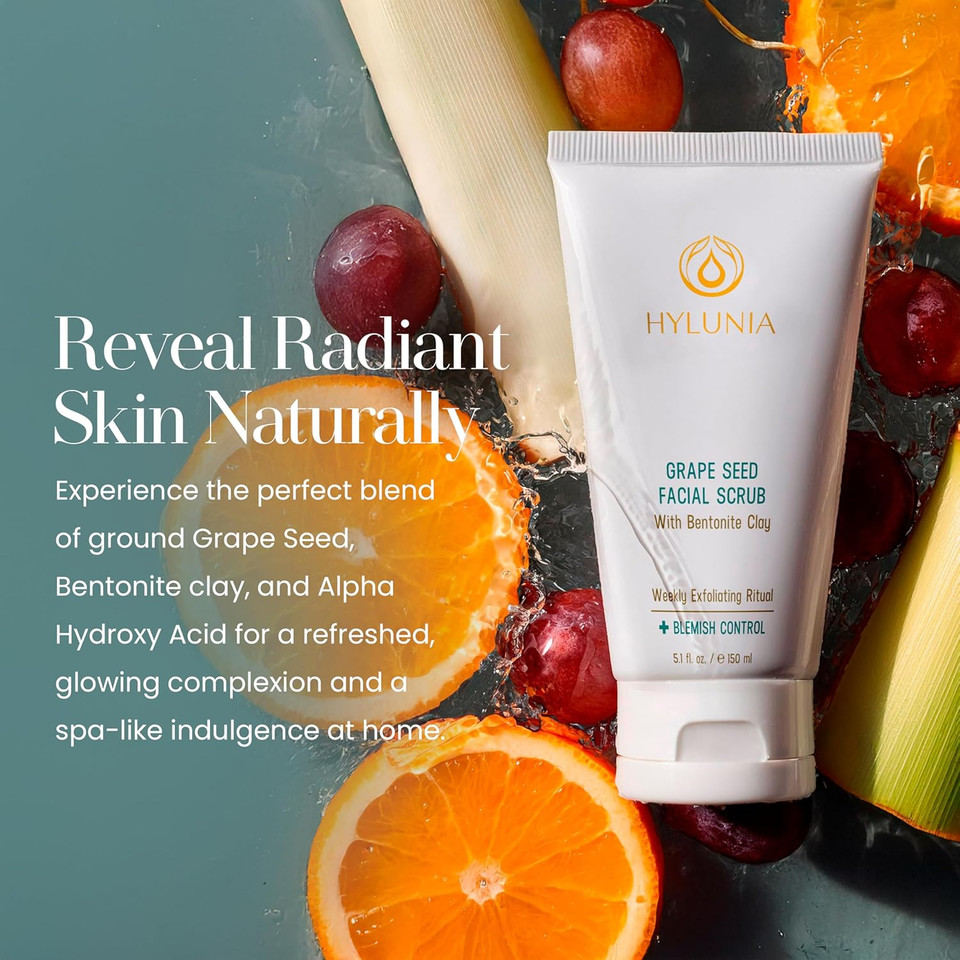 Hylunia Skincare Grape Seed Facial Scrub  Gentle Exfoliating Face Scrub With Ground Grape Seed, Bentonite Clay, And Alpha Hydroxy Acid For Smooth, Glowing Skin And Refined Pores, 5.1Oz ?