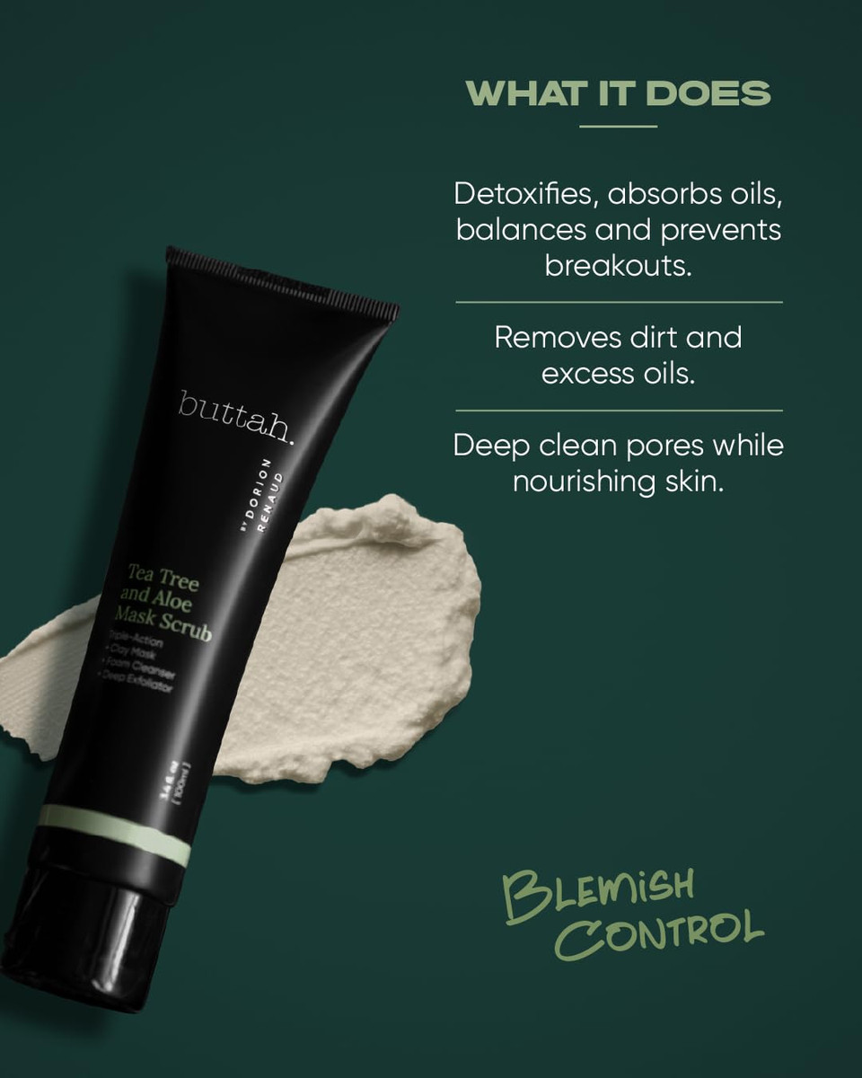 Buttah Skin By Dorion Renaud Tea Tree & Aloe Exfoliating Scrub 3Oz - Multi-Tasking Cleanser - Tea Tree Oil & Kaolin Clay Treatment - Naturally Based Skin Care For Men & Women - Black-Owned Skincare