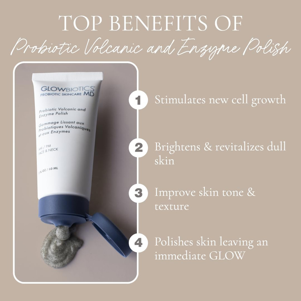 Glowbiotics Volcanic & Enzyme Polish: Probiotic Brightening Facial Scrub With Malic Acid For Luminous Skin, Exfoliator For Face & Neck, Suitable For All Skin Types, 2 Fl Oz