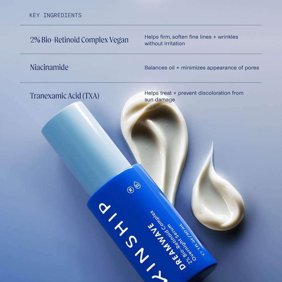 Kinship Dream Wave 2% Bio-Retinoid Overnight Ultra Hydrating Serum For Face | Retinol For Sensitive Skin | Anti Aging Niacinamide + Tranexamic Acid | Smooth Wrinkles | Redness Reducing Skin Care 1 Oz Kinship Dream Wave 2% Bio-Retinoid Overnight Ultra Hydrating Serum For Face | Retinol For Sensitive Skin | Anti Aging Niacinamide + Tranexamic Acid | Smooth Wrinkles | Redness Reducing Skin Care 1 Oz