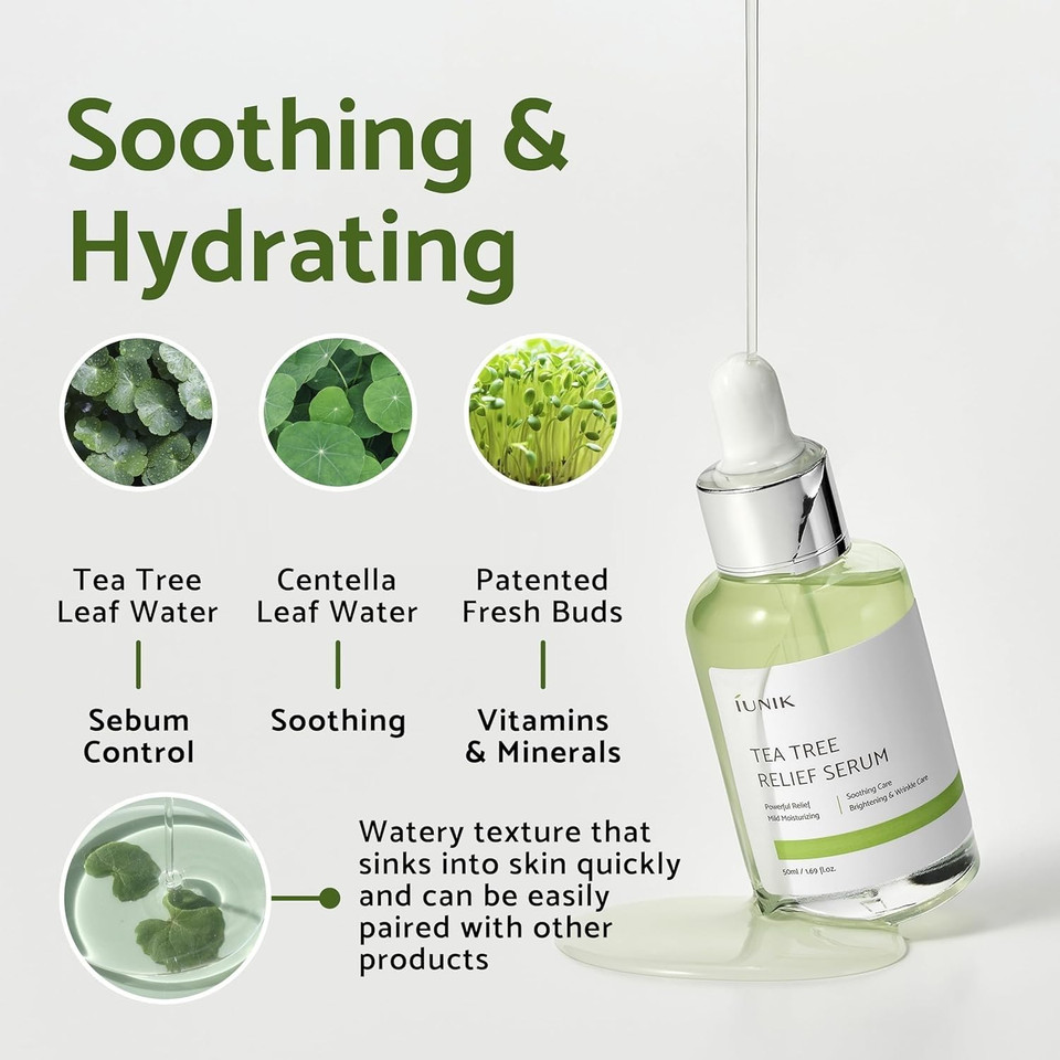 Iunik Tea Tree Relief Vegan Serum For Acne-Prone Skin  Non-Sticky & Lightweight Facial Ampoule With Centella Asiatica For Soothing, Calming, And Balancing  Korean Skincare