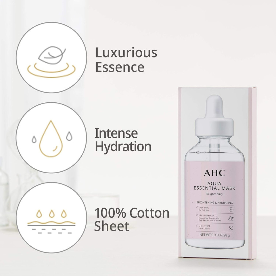 Ahc Face Mask Aqua Essentials Hydrating And Brightening For Dull Skin 100% Cotton Sheet, 5 Count