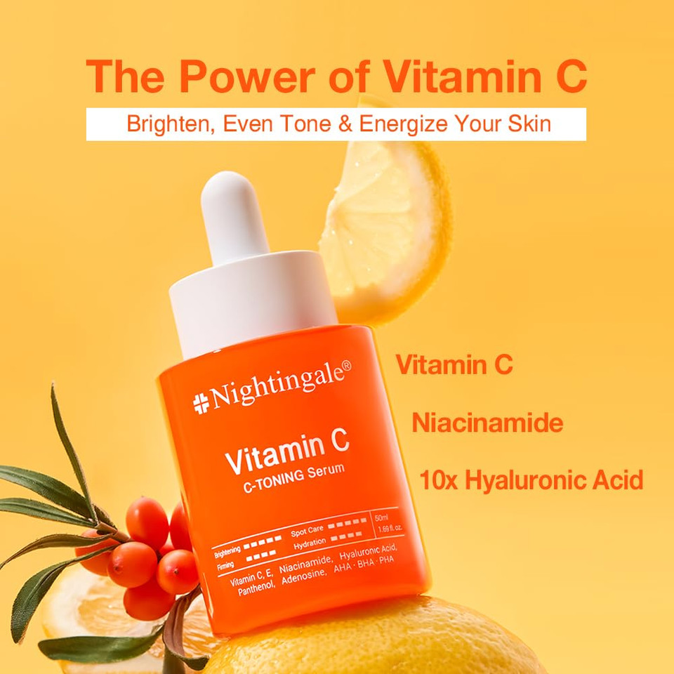 Nightingale C-Toning Vitamin C Serum For Face,Anti Aging And Skin Brightening With Vitamin C,Niacinamide, Hyaluronic Acid,Vitamin E,Adenosine,Reduces Dark Spots, Uneven Skin Tone, 1.69Fl.Oz(50Ml)