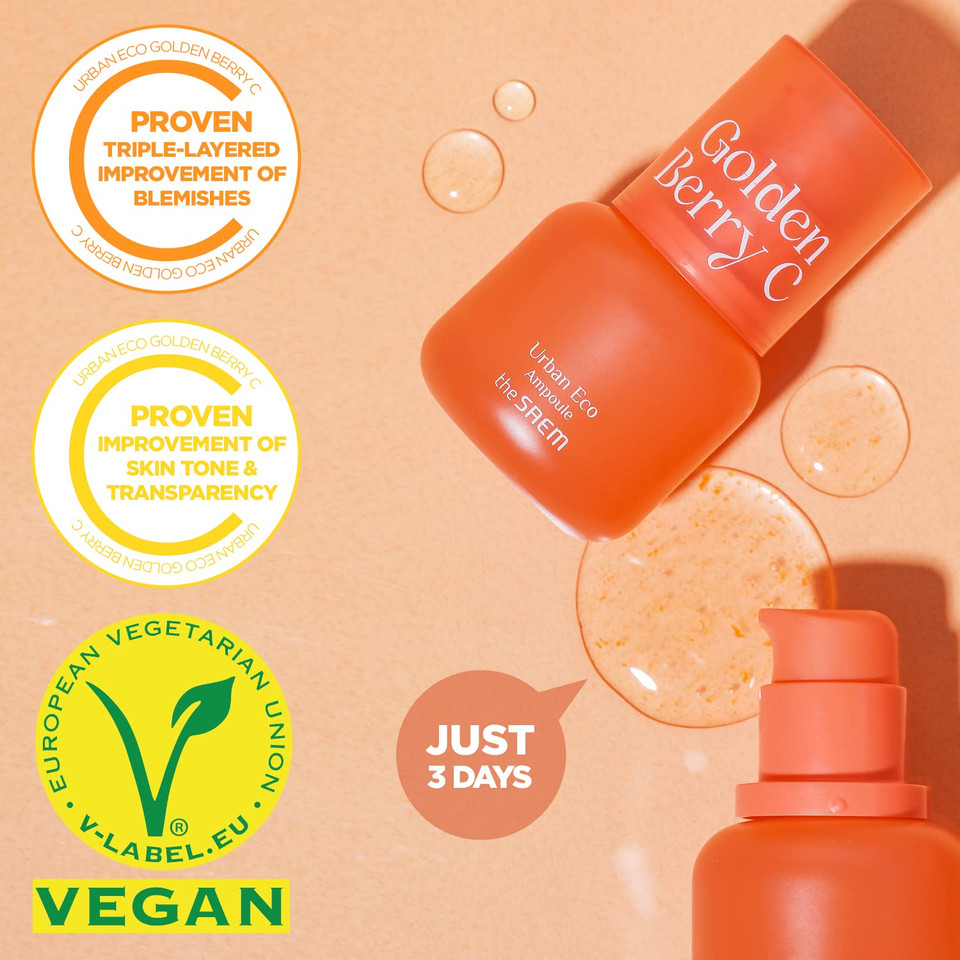 Thesaem Urban Eco Golden Berry C Ampoule With Micro-Vitamin Bubble & Vitamin C - Blemish Clearing, Tone Correcting & Dark Spot Lifting Ampoule - Hydrating Facial Serum For All Skin Types, 1.01 Fl.Oz