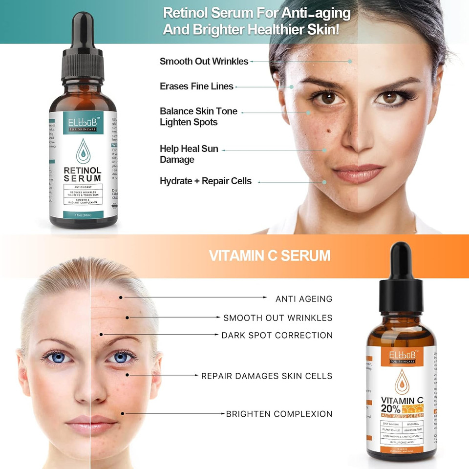 Day-Night Anti Aging Vitamin C Serum Retinol Serum For Face With Retinol & Amino Acids - Boost Skin Collagen,Hydrate & Plump Skin Facial Serum