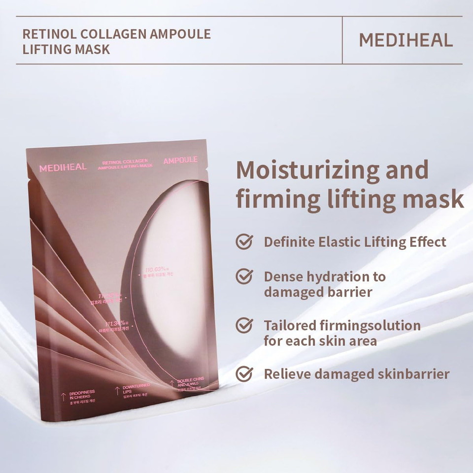 Mediheal Retinol Collagen Ampoule Lifting Mask (4 Counts) For V Line Mask Anti-Aging - Helps Reduce Fine Lines & Wrinkles, And Smoothens Skin