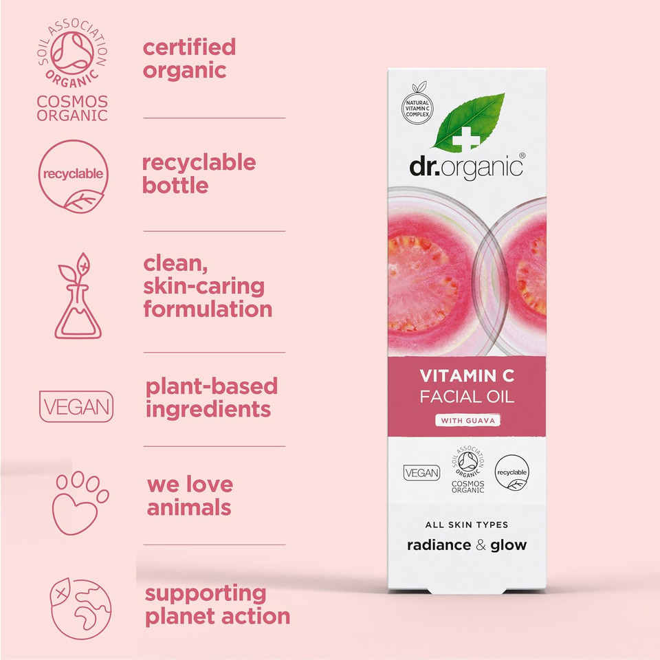 Dr. Organic Guava Vitamin C Moisture Boosting Oil | Hydrating & Brightening For Dull, Dehydrated Skin, With Tropical Guava Extract, 100% Natural Origin, Vegan, 30 Ml / 1 Fl Oz