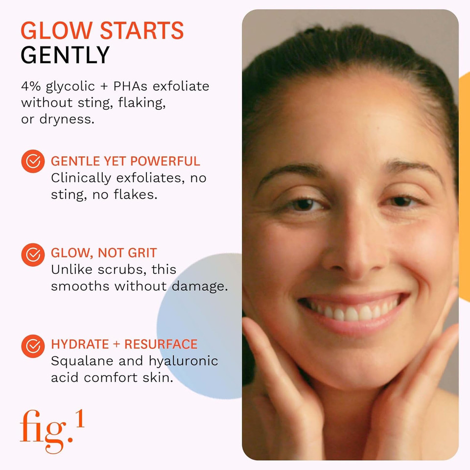 Fig.1 Glycolic Glow Treatment  4% Glycolic Acid Face Exfoliant, Exfoliating & Illuminating Emulsion, Chemical Peel For Radiant Skin, Hydrating Pha & Squalane, Vegan, 30 Ml