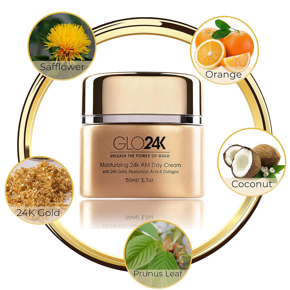 Glo24K 24K Gold Moisturizing Day Cream, Peeling Gel, Exfoliating Facial Cleanser Complete Set