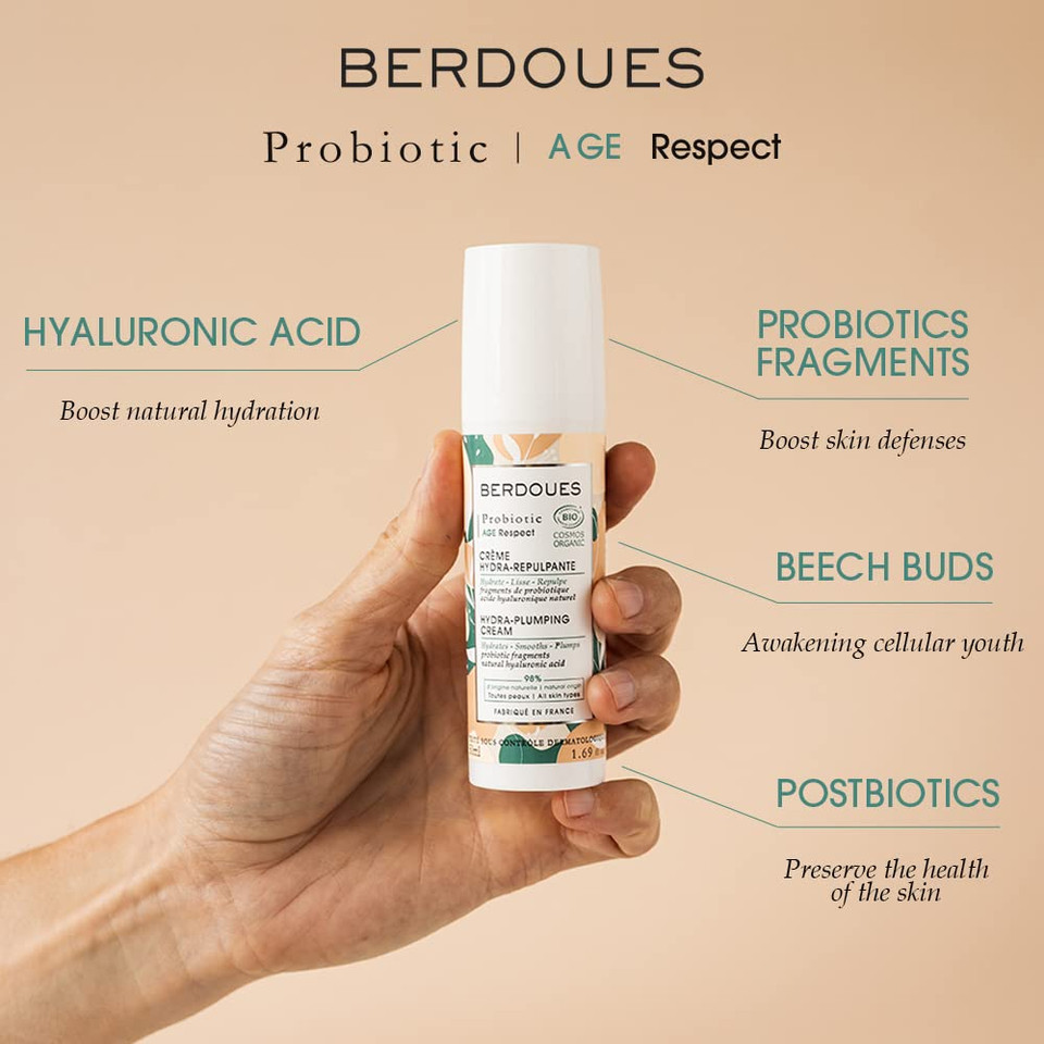 Probiotic Age Respect Hydra Plumping Cream | Anti Aging Face Moisturizer With Hyaluronic Acid. Leaves The Skin Firmer. Fine Lines & Wrinkles Appear Less Visible | Made In France - 1.69 Fl.Oz