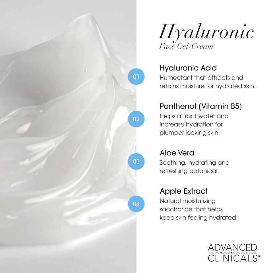 Advanced Clinicals Hyaluronic Acid Moisturizer Gel Face Cream W/Vitamin E + B5 | Hydrating & Brightening Vitamin C Face Lotion Hydrates Dry Skin & Improve Look Of Wrinkles & Fine Lines, 2 Fl Oz