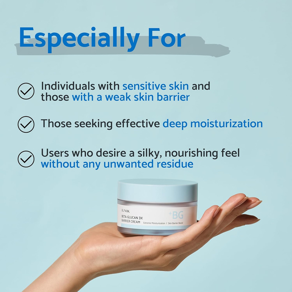 Iunik Beta-Glucan Non-Sticky Deep Moisture Hydration 3X Barrier Cream Day&Night Moisturizer Quick Absorption Barrier Strengthening For Sensitive Dry Skin With Shea Butter Panthenol Korean Skincare