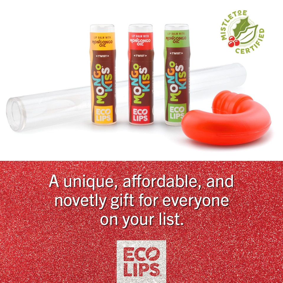 Eco Lips Novelty Plastic Candy Cane Gift Set For Holidays & Christmas Gifts, Stocking Stuffers | Mongo Kiss Organic Lip Balm 3-Count Gift Set