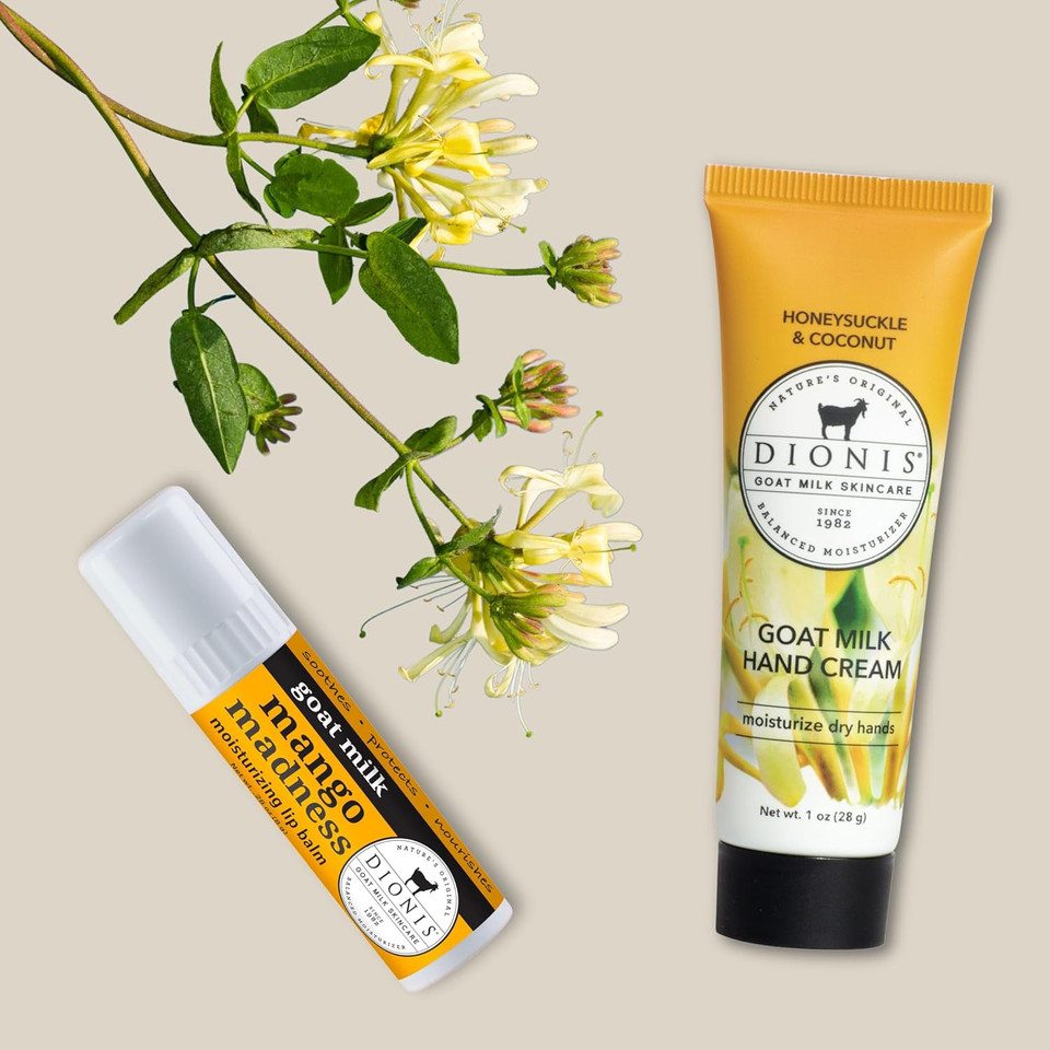 Dionis Goat Milk Skincare Hand Cream & Lip Balm Set - Safe For Sensitive Skin, Moisturize, Hydrate, Dry Chapped Lips And Skin, Cruelty Free, Honeysuckle & Coconut And Mango Madness, 1 Oz And .28 Oz