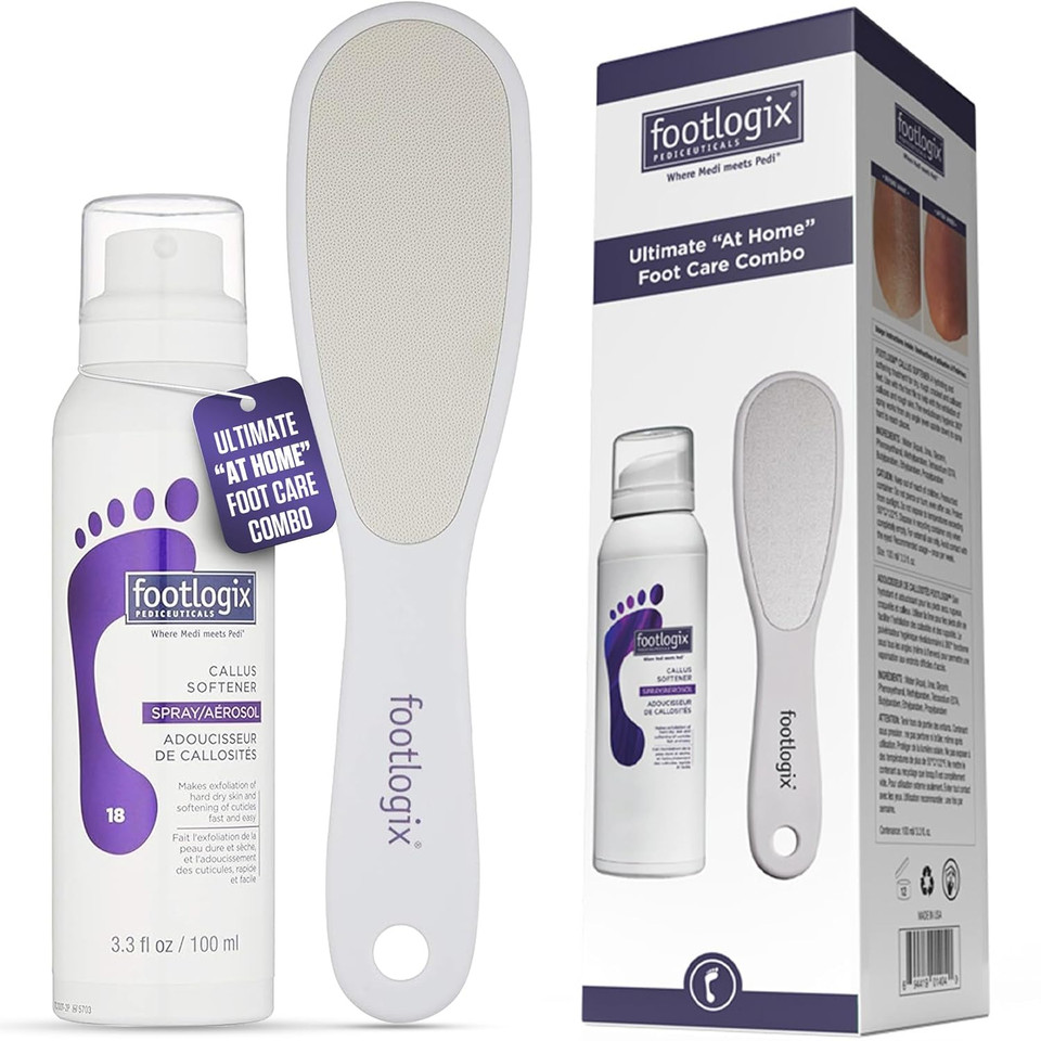 Footlogix Foot Care Callus Softener Combo - Callus Remover Spray & Double-Sided Foot File For Dry, Cracked Heels, Pedicure Tools For Feet, Foot Exfoliator