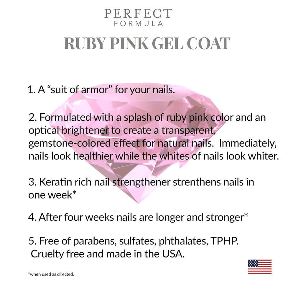 Perfect Formula Ruby Pink Gel Coat - Nail Strengthener, Keratin Nail Treatment, Gemstone Pink Gel Nail Polish - Nail Strengthener For Damaged Nails - Made In The Usa .60 Fl Oz