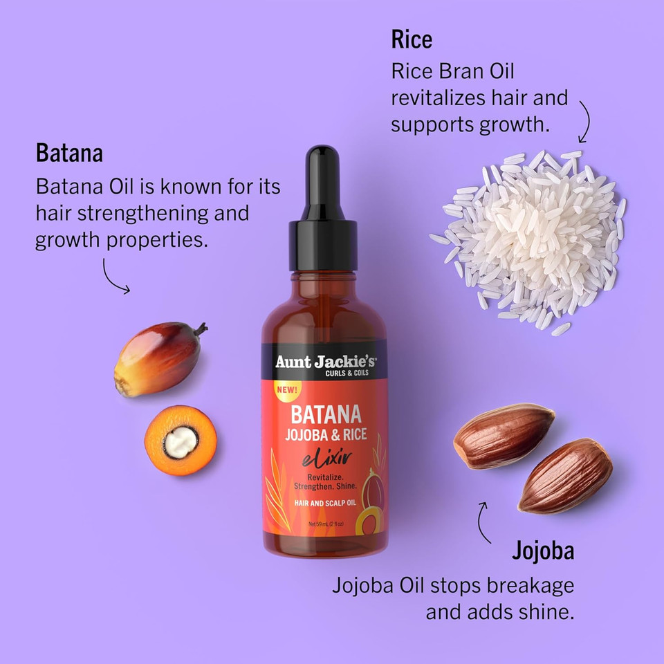 Aunt Jackie'S Curls & Coils Batana, Jojoba & Rice Elixir Hair And Scalp Oil, 2 Fl Oz - Revitalize, Strengthen And Shine