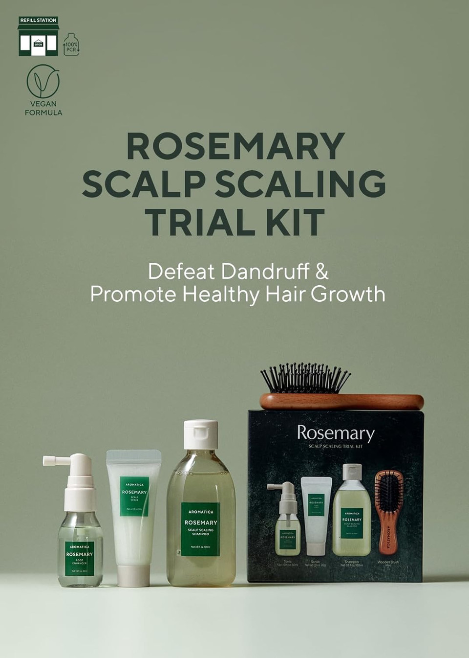 Aromatica Rosemary Scalp Scaling Trial Kit - Travel Size Hair Care Kit For Women With Mini Wooden Brush, Gentle Exfoliating Scalp Care For Hair Growth Product, With Essential Oils & Vegan Formula