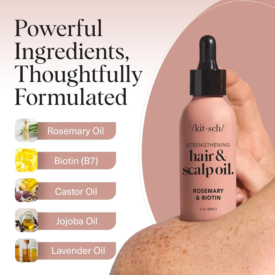 Kitsch Rosemary Oil For Hair Growth  Pre-Wash Hair Oil With Castor, Biotin, Jojoba  Hair Care, Adds Shine, Strengthens Roots, Scalp Treatment  Recyclable Bottle  Usa Made, Lavender Scent, 60Ml