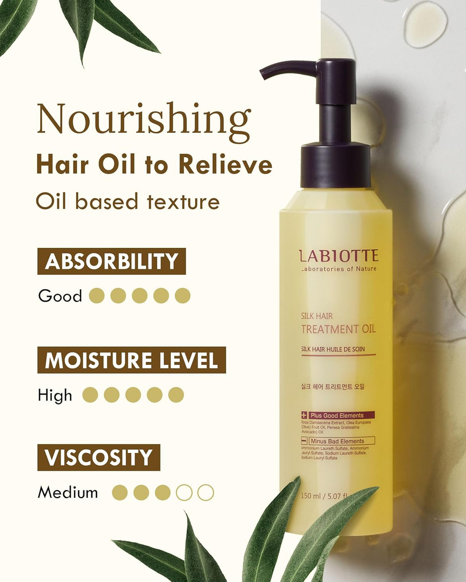 Labiotte Silk Oil Hair Treatment For Repair, Frizz Control & Shine - With Jojoba Oil For Dry, Damaged Hair Growth - 5.07 Fl Oz