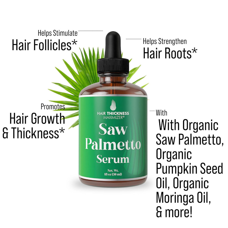 Saw Palmetto Serum For Hair Growth And Thickening - With Rosemary, Peppermint, Pumpkin Seed Oils. Vegan Moisturizing And Strengthening Scalp Treatment For Women, Men, Weak, Dry, Frizzy Hair 2Oz