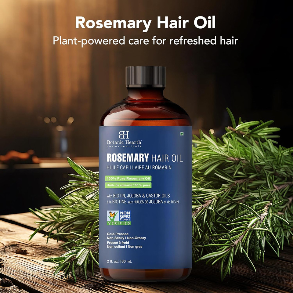 Botanic Hearth 100% Pure Rosemary Oil For Hair (2 Fl Oz) Infused With Biotin, Jojoba & Castor Oil | Hair Strengthening Treatment | Nourishing & Volumizing | Non Gmo Verified | With Applicators