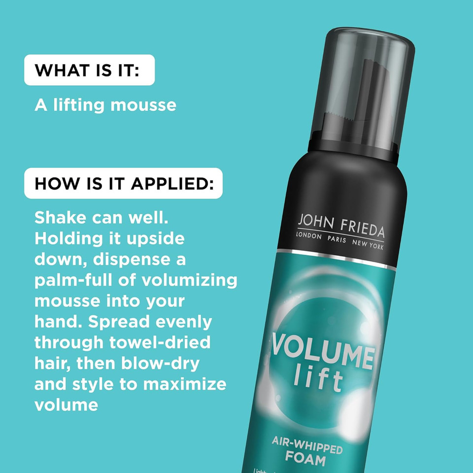 John Frieda Volume Lift Air Whipped Foam, Volumizing Hair Mousse With Air-Silk Technology For Fine Or Flat Hair, Adds Lasting Body And Fullness With Flexibile Hold, 7.5 Oz