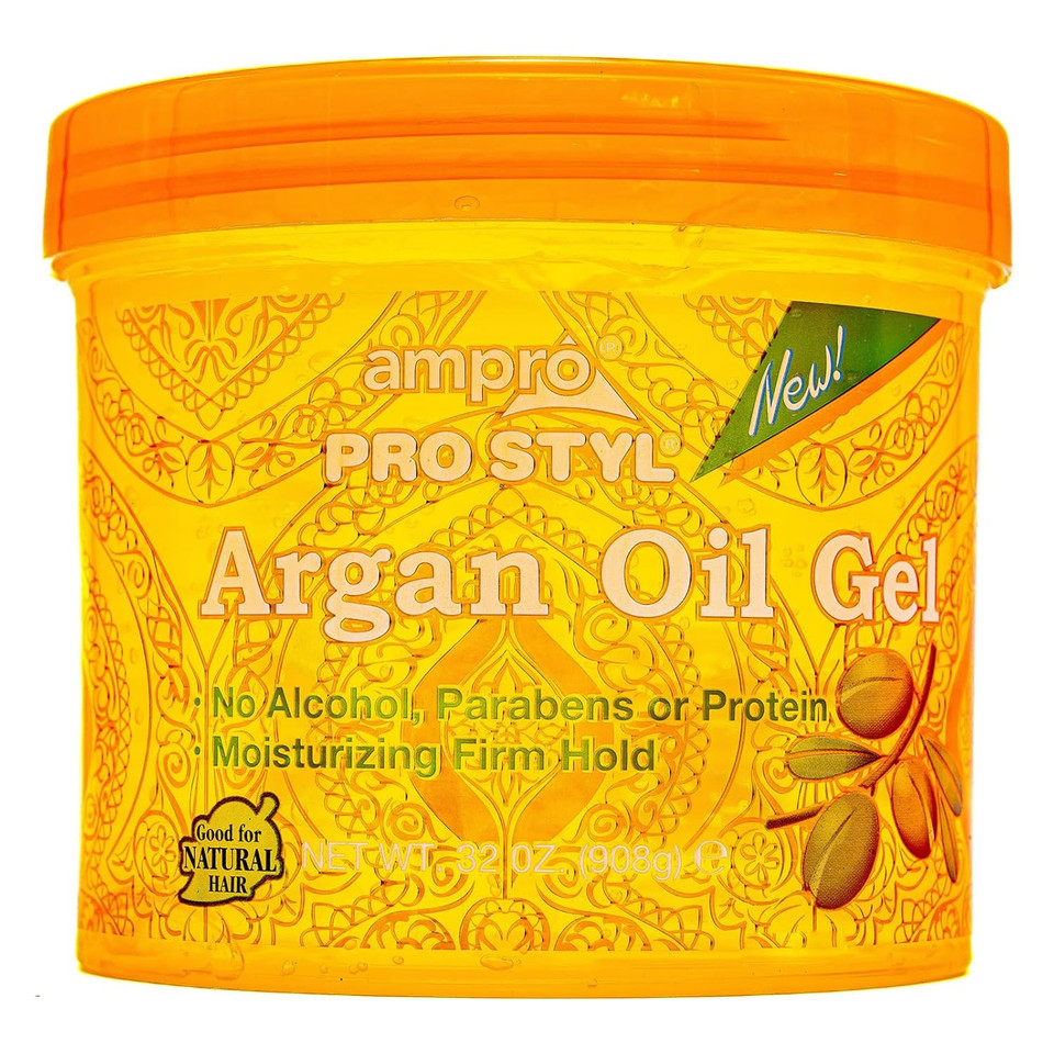 Ampro Pro Styl Argan Oil Styling Gel - Moisturizes And Conditions Your Strands - Non-Flaking, Alcohol Free, Vegan Formula - Creates Flexible, Touchable Hold For All Hair Textures - 32 Oz