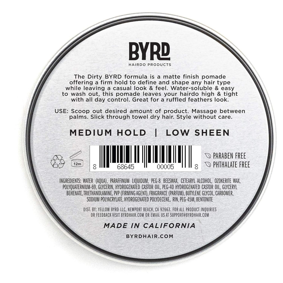 Byrd Hair Matte Pomade - Medium Hold, No Sheen, For All Hair Types, Mineral Oil & Paraben Free, Phthalate & Sulfate Free, Cruelty-Free, Water Based, 3.35Oz
