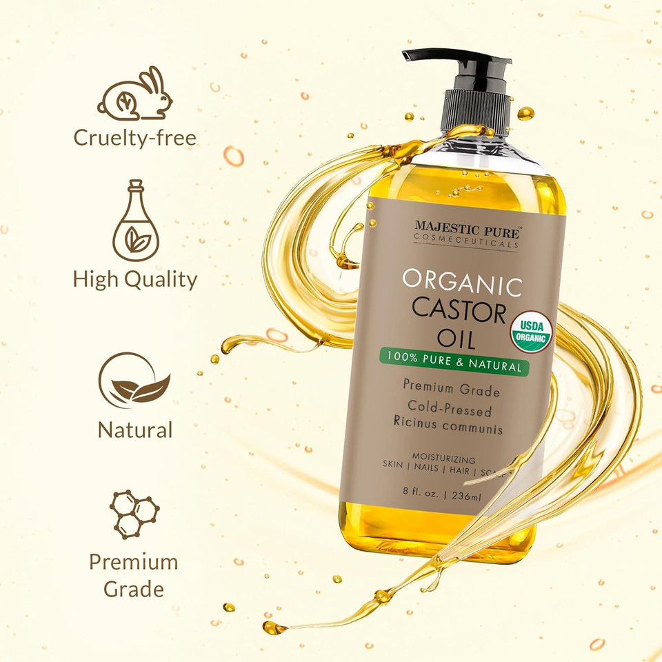 Majestic Pure Castor Oil | 100% Natural | Premium Grade Cold Pressed | Hair, Eyelashes, Eyebrows, Nails | Moisturizing & Nourishing | Body, Hair & Carrier Oil | 16 Fl Oz