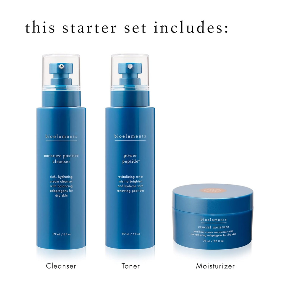 Bioelements 3-Step Starter Set: Dry Skin - Includes Moisture Positive Cleanser, Power Peptide Toner & Crucial Moisture Moisturizer