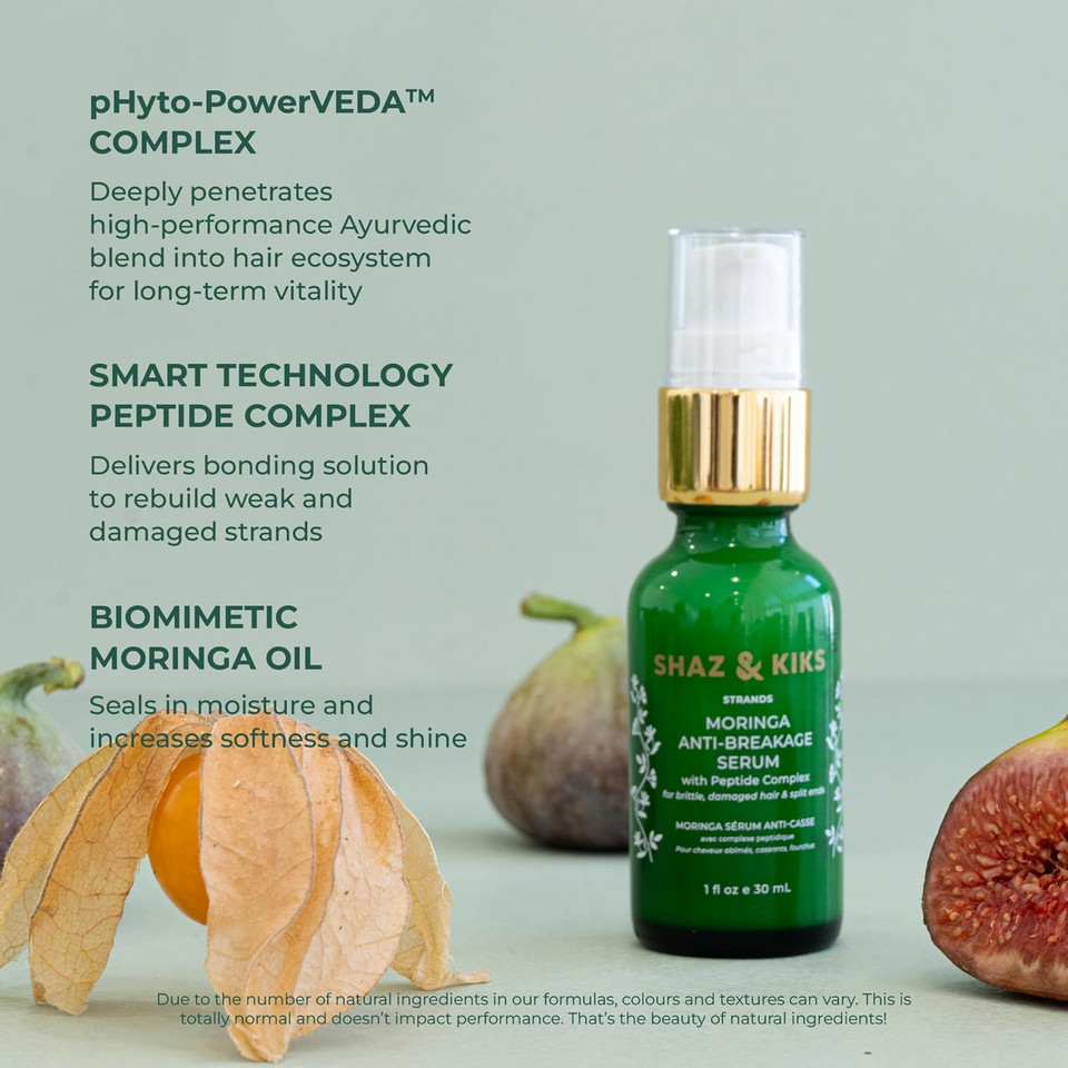 Shaz & Kiks Moringa Anti-Breakage Peptide Serum For Dry, Frizzy Hair | Controls Frizz And Rebuilds Damaged Strands | Blend Of Clinically Active Peptides And Ayurvedic Oils, 1 Fl Oz