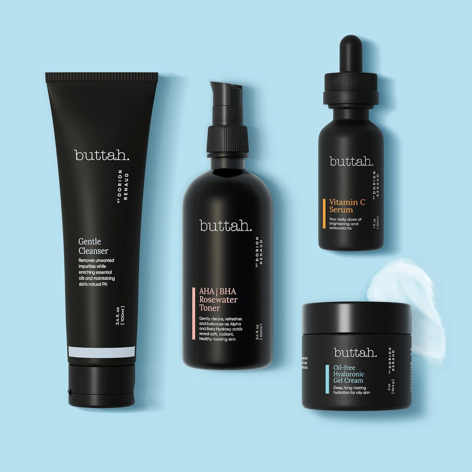 Buttah Skin Supreme Kit For Melanin Rich Skin | Oil-Free Hyaluronic Gel Cream 2 Oz | Vitamin C Serum 1 Oz | Cleanser 3.4 Oz | Rosewater Toner 3.4 Oz | Black Owned Skincare