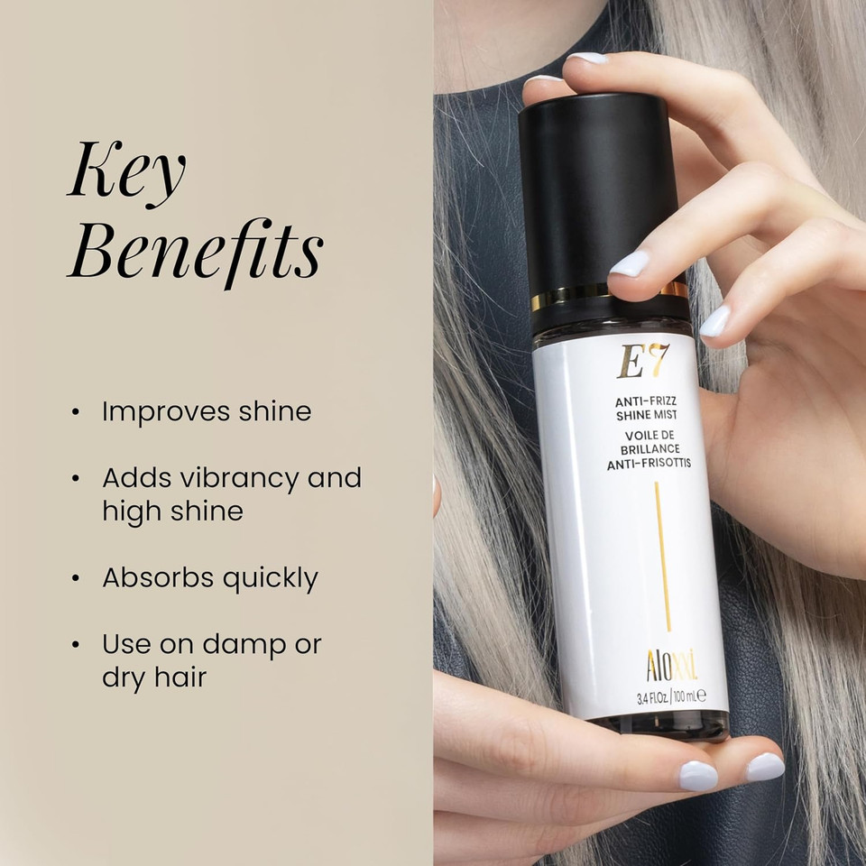 Aloxxi E7 Anti-Frizz Shine Mist, Dry Oil Hair Mist With 7 Essential Oils, Tames Frizz & Boosts Radiance, Safe For Color-Treated Hair, 3.4 Fl Oz