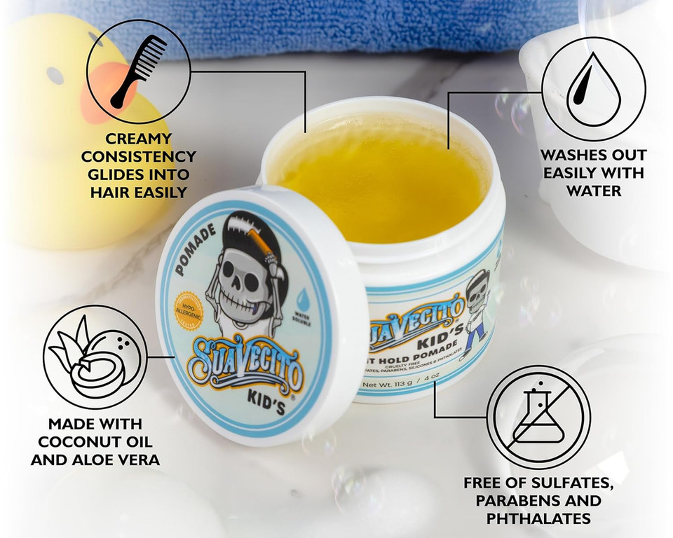 Suavecito Kid'S Pomade Calming Chamomile Scent Light Hold 4 Oz. - Water Based Flake Free Hair Gel - Dermatologist-Tested, Hypoallergenic Formula - Free Of Sulfates, Parabens, And Phthalates