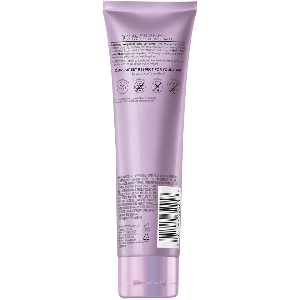 L'Oreal Paris Blow Dry Primer For 48 Hr Frizz Control, Sulfate Free, Everpure 5.1 Fl Oz