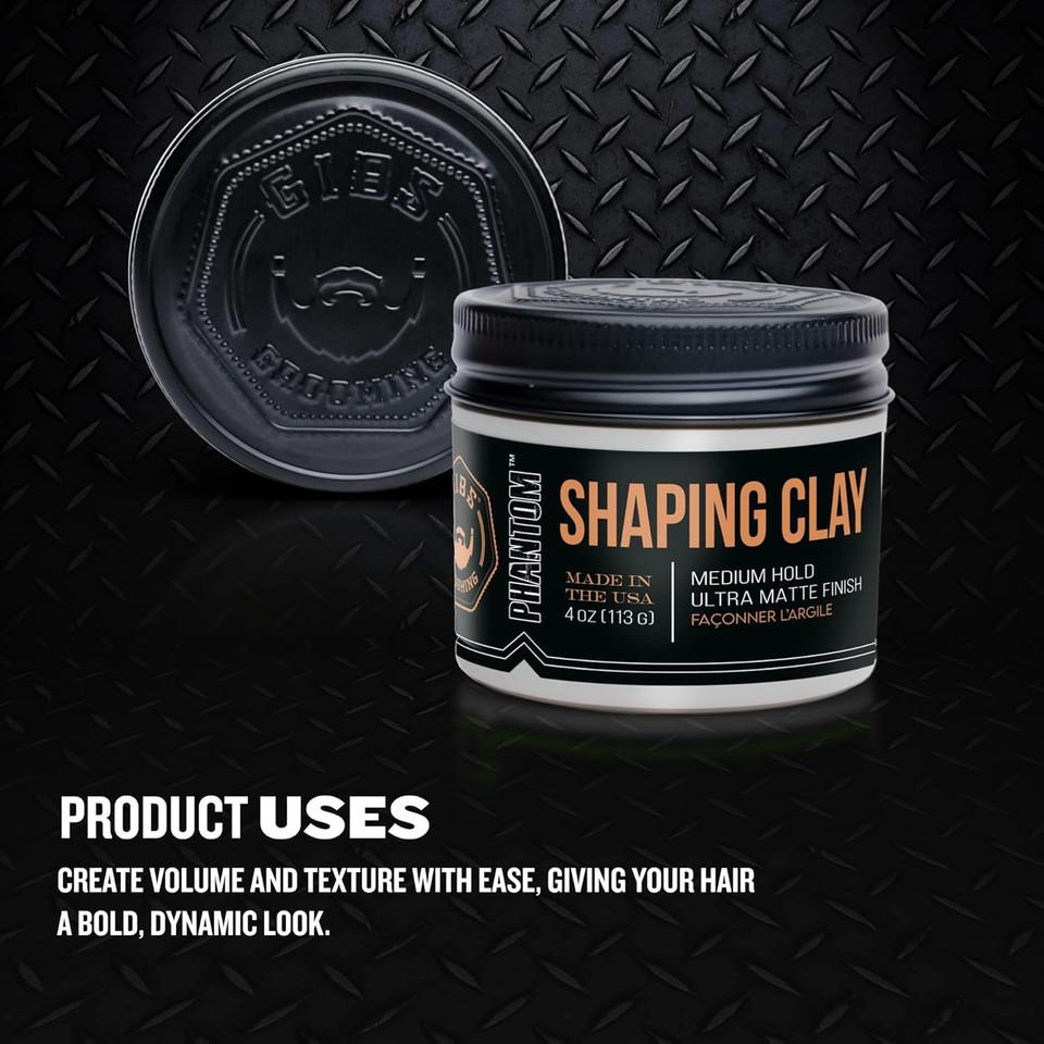 Gibs Shaping Clay, Phantom, Medium Hold, Ultra Matte Finish, Water Based, Great For Soft And Natural Looks