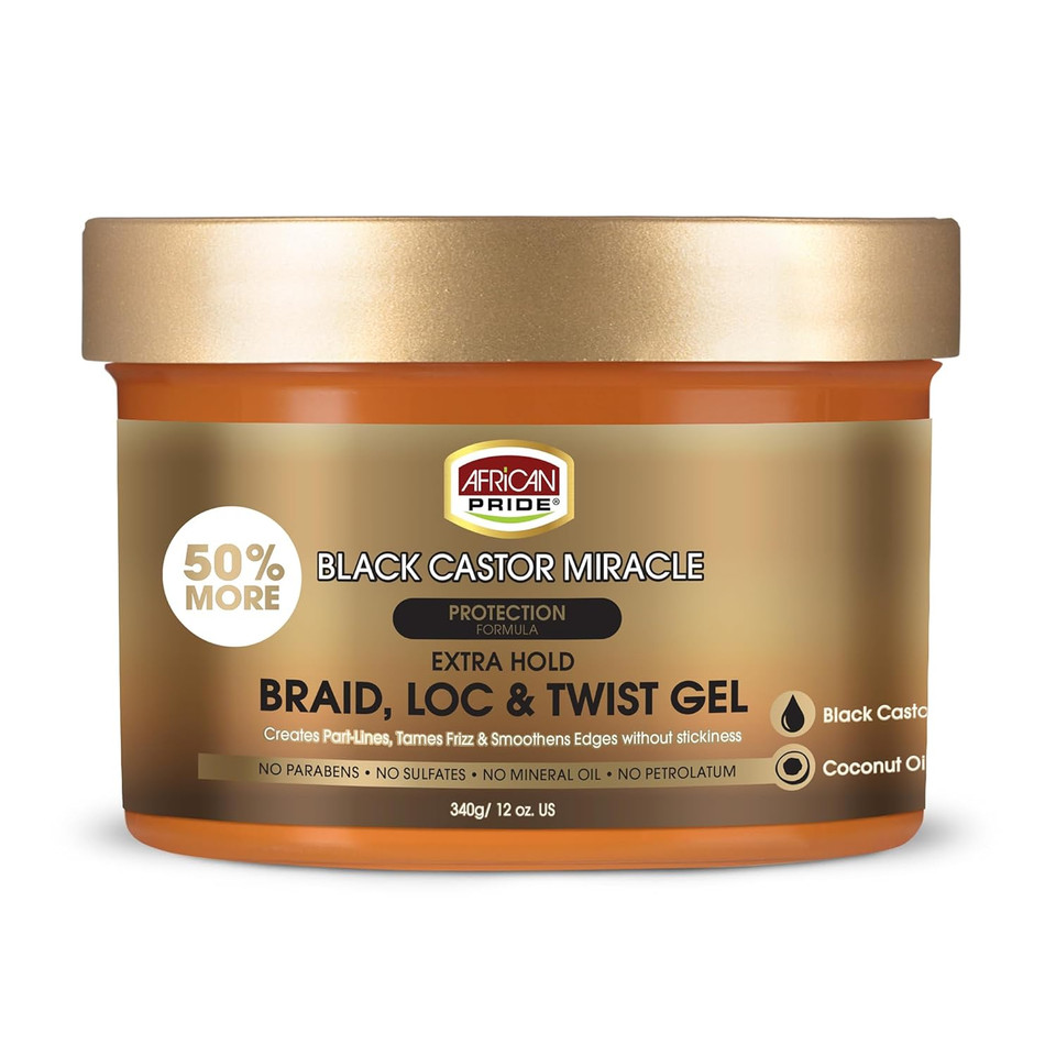 African Pride Black Castor Miracle Extra Hold Braid, Loc, Twist Gel - Extreme Hold Braiding Hair Gel, Edge Control & Tames Frizz, No Flake | Natural Ingredients, Coconut Oil | 8Oz