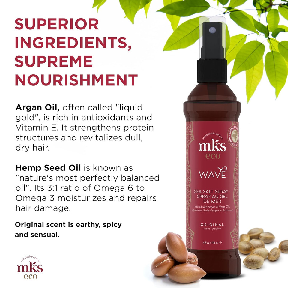 Mks Eco Wave, Original Scent - 4 Fl Oz - Texturizing Sea Salt Spray - For Perfect Beachy Waves - Moroccan Argan Oil, Hemp Seed Oil - Vegan & Cruelty Free