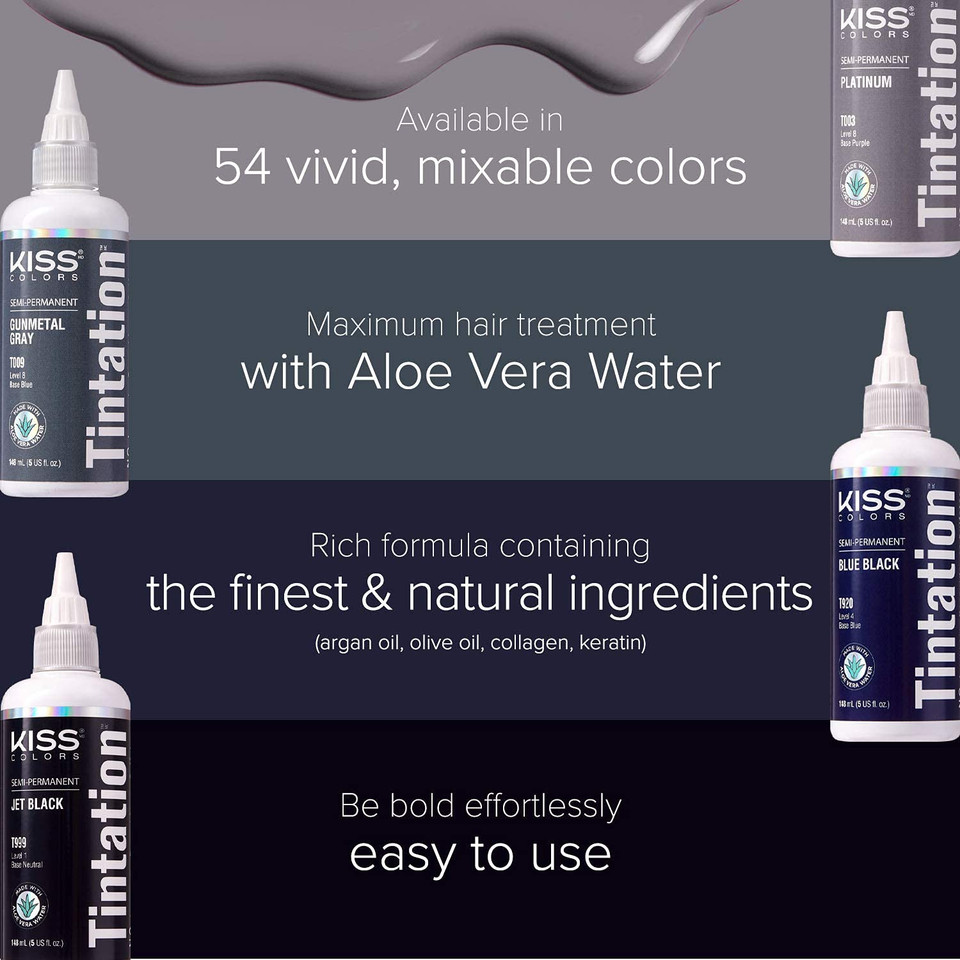 Red By Kiss Tintation Semi-Permanent Hair Color, Aloe Vera Water Based, Argan Oil, Olive Oil, Collagen & Keratin, Long-Lasting Color Dye (Blue Black, 5 Fl Oz)
