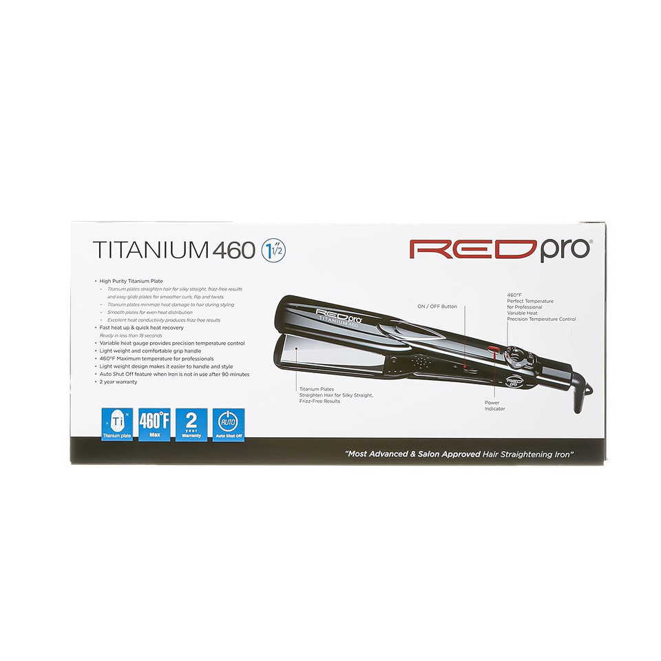 Red Pro Titanium 460 Styler Flat Iron, 1 1/2" For Silk Pressing & Keratin Treatments, Eliminates Frizz, Instant Heat, Auto Shut-Off, Heavy Duty Swivel Cord