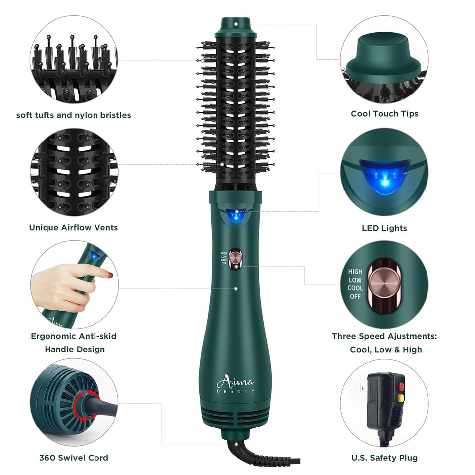 Aima Beauty Hair Dryer Brush, One Step Hair Dryer & Volumizing Hot Air Brush, 3 Heat/Speed Settings, Advanced Ionic Technology, Ceramic Coating, Nylon Pins & Tufted Bristles, Dark Green, 1000W, 125V Aima Beauty Hair Dryer Brush, One Step Hair Dryer & Volumizing Hot Air Brush, 3 Heat/Speed Settings, Advanced Ionic Technology, Ceramic Coating, Nylon Pins & Tufted Bristles, Dark Green, 1000W, 125V